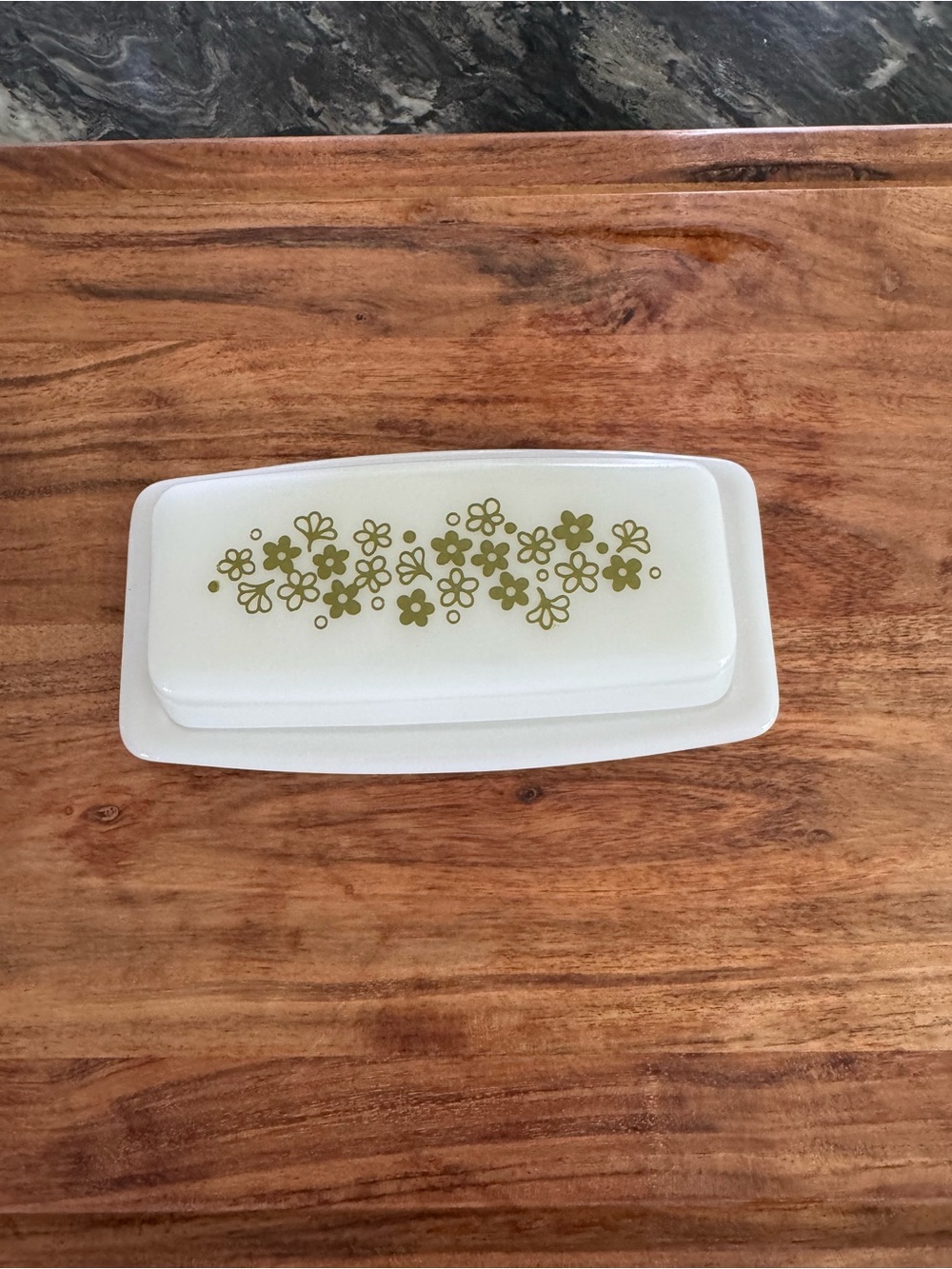 Pyrex White Covered Butter Dish with Olive Green Floral Pattern
